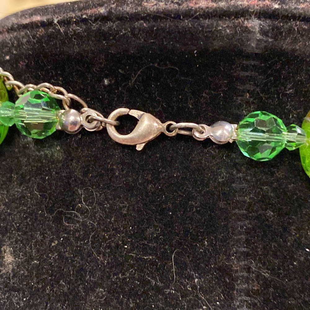 Lime Green Wedding Cake Beaded Necklace with Lime Crystals in Silver Tone. - Picture 7 of 9